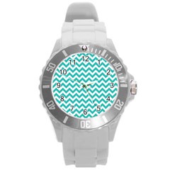 Turquoise & White Zigzag Pattern Round Plastic Sport Watch (l)