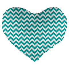 Turquoise & White Zigzag Pattern Large 19  Premium Flano Heart Shape Cushion