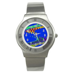 Colorful Wave Blue Abstract Stainless Steel Watch by BrightVibesDesign