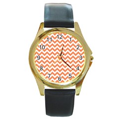 Tangerine Orange & White Zigzag Pattern Round Gold Metal Watch by Zandiepants