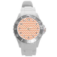 Tangerine Orange & White Zigzag Pattern Round Plastic Sport Watch (l) by Zandiepants