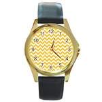 Sunny Yellow & White Zigzag Pattern Round Gold Metal Watch Front