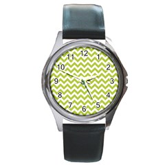 Spring Green & White Zigzag Pattern One Piece Boyleg Swimsuit Round Metal Watch