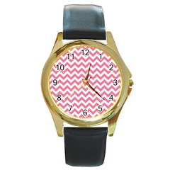 Soft Pink & White Zigzag Pattern Round Gold Metal Watch by Zandiepants