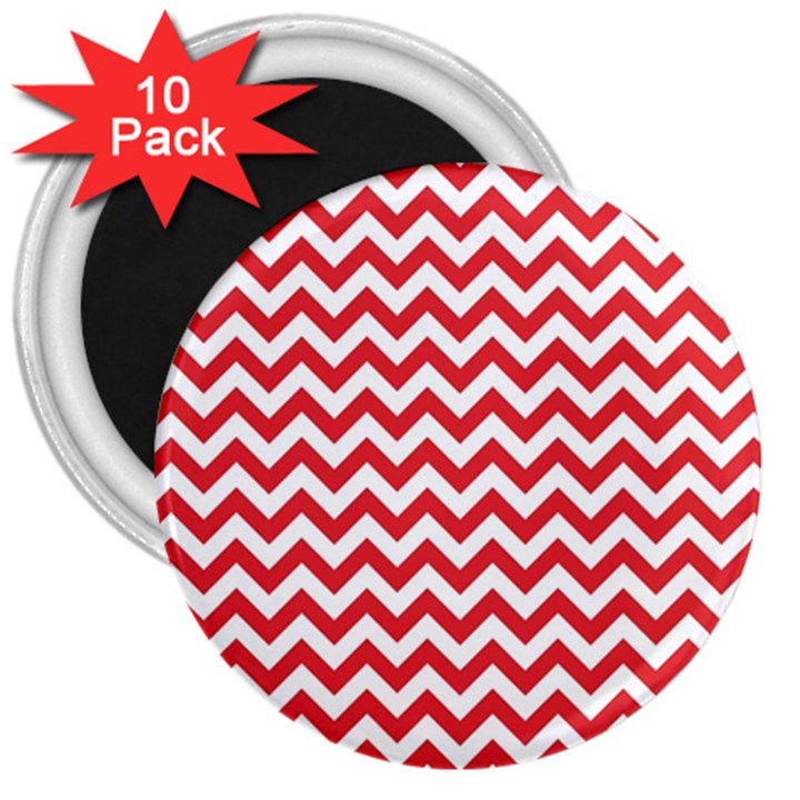 Poppy Red & White Zigzag Pattern 3  Magnet (10 pack)