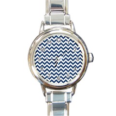 Navy Blue & White Zigzag Pattern Round Italian Charm Watch by Zandiepants