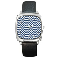 Navy Blue & White Zigzag Pattern Square Metal Watch