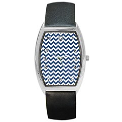 Navy Blue & White Zigzag Pattern Barrel Style Metal Watch