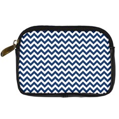 Navy Blue & White Zigzag Pattern Digital Camera Leather Case by Zandiepants