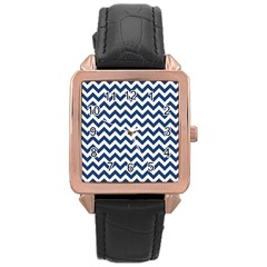 Navy Blue & White Zigzag Pattern Rose Gold Leather Watch 