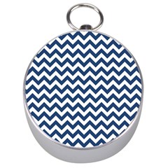 Navy Blue & White Zigzag Pattern Silver Compass by Zandiepants