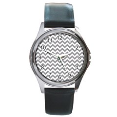 Medium Grey & White Zigzag Pattern Round Metal Watch by Zandiepants