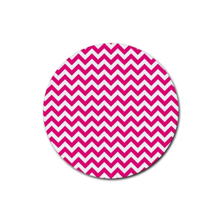 Hot Pink & White Zigzag Pattern Rubber Coaster (Round)