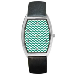 Emerald Green & White Zigzag Pattern Barrel Style Metal Watch by Zandiepants