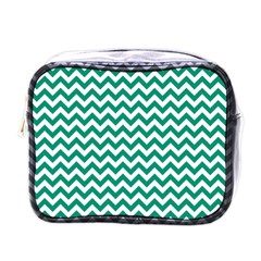 Emerald Green & White Zigzag Pattern Mini Toiletries Bag (one Side) by Zandiepants