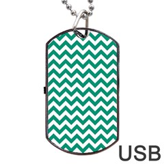 Emerald Green & White Zigzag Pattern Dog Tag Usb Flash (two Sides) by Zandiepants