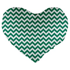 Emerald Green & White Zigzag Pattern Large 19  Premium Flano Heart Shape Cushion