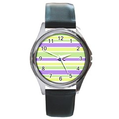 Yellow Purple Green Stripes Round Metal Watch by BrightVibesDesign