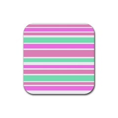 Pink Green Stripes Rubber Coaster (square)  by BrightVibesDesign