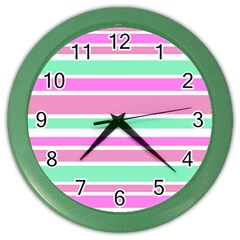 Pink Green Stripes Color Wall Clocks by BrightVibesDesign