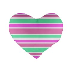 Pink Green Stripes Standard 16  Premium Flano Heart Shape Cushions