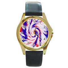 Groovy Red White Blue Swirl Round Gold Metal Watch by BrightVibesDesign