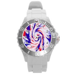 Groovy Red White Blue Swirl Round Plastic Sport Watch (l) by BrightVibesDesign