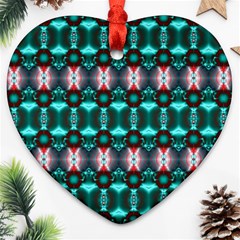 Fancy Teal Red Pattern Heart Ornament (2 Sides) by BrightVibesDesign