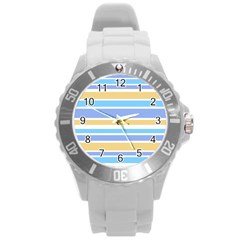 Blue Yellow Stripes Round Plastic Sport Watch (l) by BrightVibesDesign