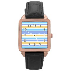 Blue Yellow Stripes Rose Gold Leather Watch  by BrightVibesDesign