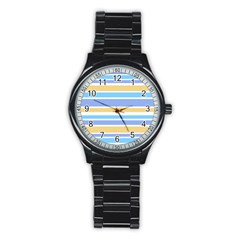 Blue Yellow Stripes Stainless Steel Round Watch by BrightVibesDesign