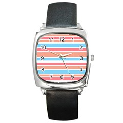 Orange Blue Stripes Square Metal Watch by BrightVibesDesign