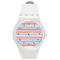 Orange Blue Stripes Round Plastic Sport Watch (m) by BrightVibesDesign