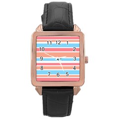 Orange Blue Stripes Rose Gold Leather Watch  by BrightVibesDesign