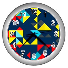 Colorful Shapes On A Blue Background                                        			wall Clock (silver)