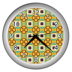 Flowers And Squares Pattern                                            			wall Clock (silver)