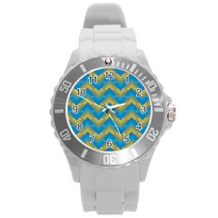 Blue And Yellow Round Plastic Sport Watch (l) by FunkyPatterns