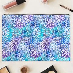 Boho Flower Doodle On Blue Watercolor Cosmetic Bag (xxl)  by KirstenStar