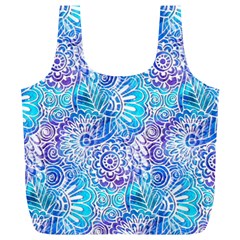 Boho Flower Doodle On Blue Watercolor Full Print Recycle Bags (l) 