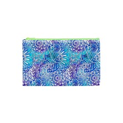 Boho Flower Doodle On Blue Watercolor Cosmetic Bag (xs)