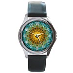 Blue yellow Ocean Star flower mandala Round Metal Watch Front