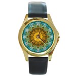 Blue yellow Ocean Star flower mandala Round Gold Metal Watch Front