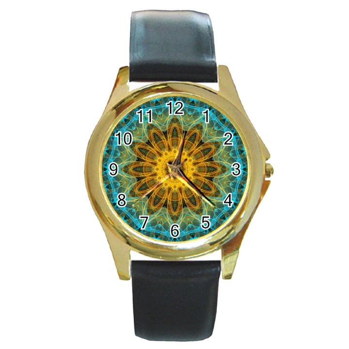 Blue yellow Ocean Star flower mandala Round Gold Metal Watch