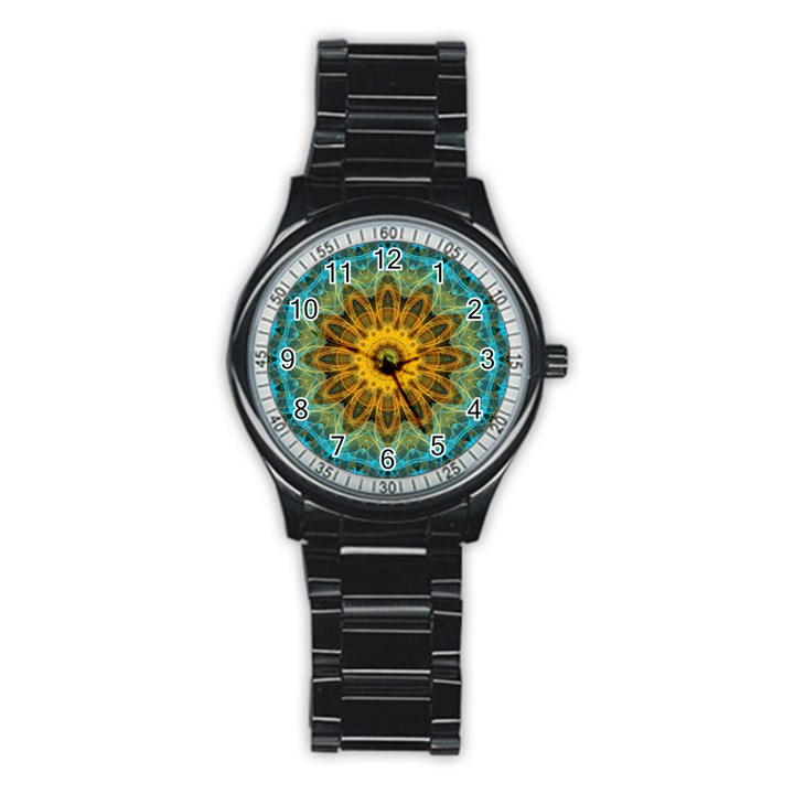 Blue yellow Ocean Star flower mandala Stainless Steel Round Watch