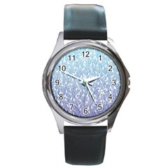 Blue Ombre Feather Pattern, White, Round Metal Watch by Zandiepants