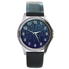 Blue Ombre Feather Pattern, Black, Round Metal Watch by Zandiepants