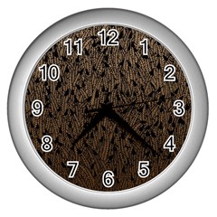 Brown Ombre Feather Pattern, Black, Wall Clock (silver)