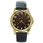 Brown Ombre feather pattern, black, Round Gold Metal Watch Front