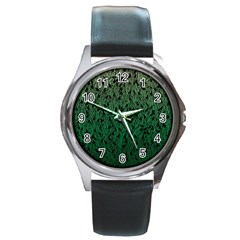 Green Ombre Feather Pattern, Black, Round Metal Watch by Zandiepants