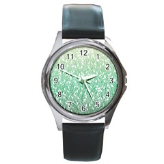 Green Ombre Feather Pattern, White, Round Metal Watch by Zandiepants